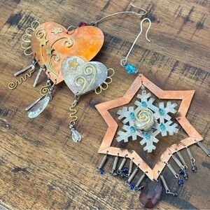 Set of Handmade Copper and Silver Metal Star Snowflake & Heart Ornament